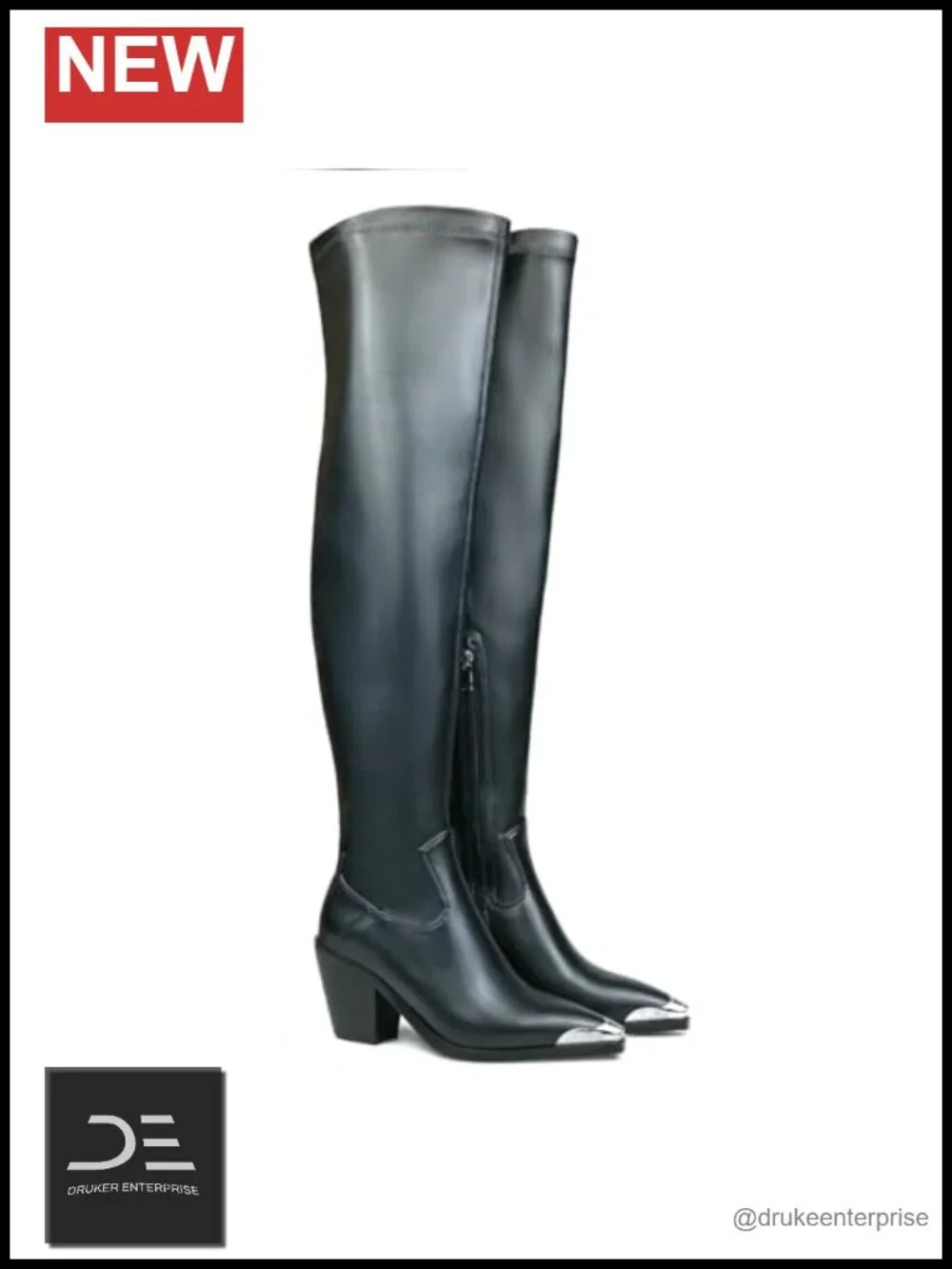 Faux Leather Pointed Toe Chunky Heel Thigh High Boots Side Zipper